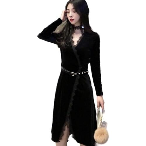 Autumn Winter Dress Women Long Sleeve Sexy V Neck Velvet Dresses Ladies Black Bottoming Dresses