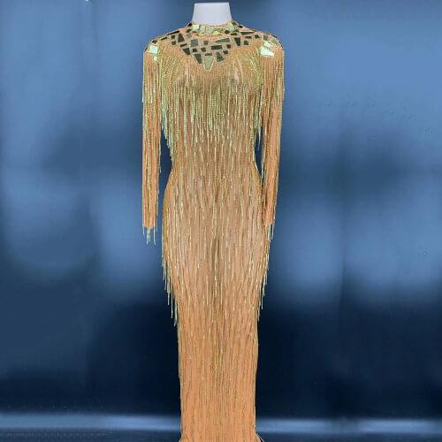 Shining Sequined Women Backless Dress Floor Length Yellow Crystal Tassel Dress Nightclub Costumes DJ Singer Dance Stage Wear
