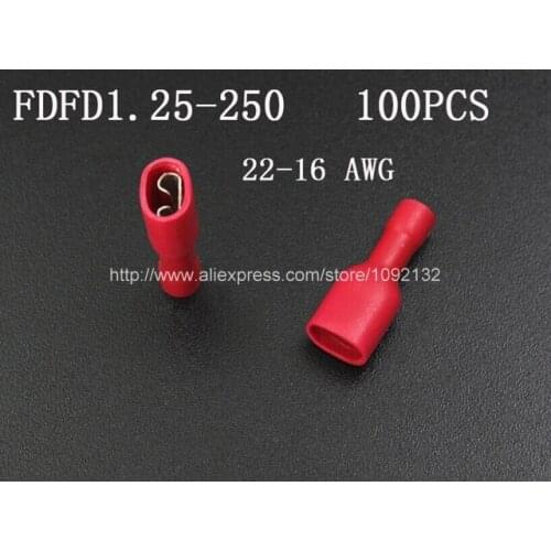 100Pcs Red Vinyl Full insulation terminals Insulated Female Spade Crimp Connector FDFD1.25-250 For 22-16 AWG Wire 0.5-1.5mm2