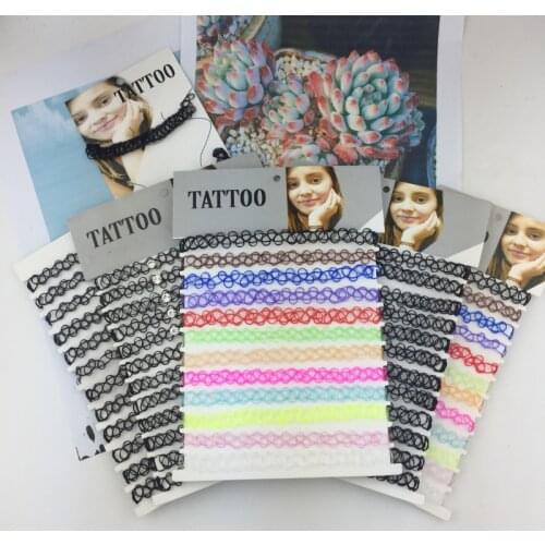 12 Pcs/Set Fishline Tattoo Black Chokers Necklace Vintage Stretch Gothic Punk Elastic Black Hollow Chocker Women Jewelry