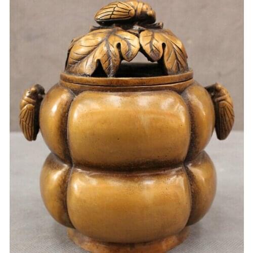 Bi002249 Folk Chinese Bronze Insect Fly Cicada Leaf Statue Box Incense Burner Censer