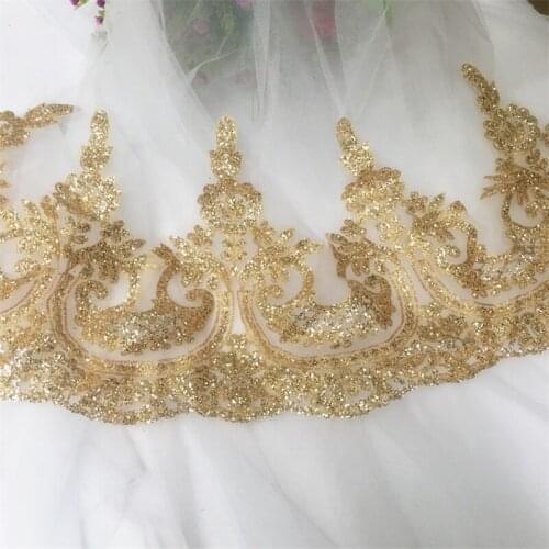 Champagne Gold Shiny Glitters Lace Trim Hot Powder Diy Wedding Dresses Curtains Clothing Fabric Accessories