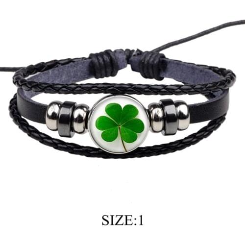 Lucky Clover Shamrock Art Picture Glass Cabochon Black Leather Bracelet Multi Layer Braided Bracelet Men Women Fashion