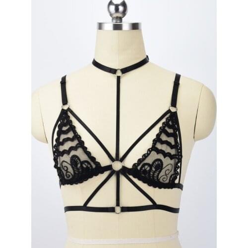 Black Harness Body Cage Bra Harajuku Gothic Lace Sheer Bra Harness Adjustable Gothic Lace Body Fetish Wear Bondage Harness Crop