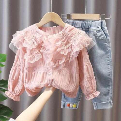 2021 Spring Autumn Girls Princess 2pcs Clothes Set Baby Kids Children Long Sleeve Blouse Shirt+Jeans Pant Clothing Suit W111