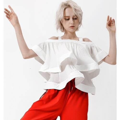 Korean 2021 Harajuku White T-shirt Female Streetwear Camisole Tee Heavy-duty Pleated Multi-laye Summer Tops Woman Clothes QH185