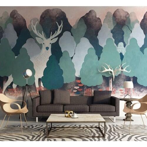 Bacaz Mountain Deer and Forest Wallpaper for Sofa Background Bedroom 3d Trees Wall paper Papel Murals Decor 3d Forest Stickers