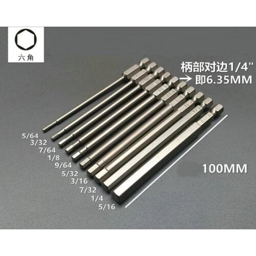 New 10Pcs 1/4" Hex Screwdriver Bit L00mm 5/64-5/16" British system S2 Steel Magnetic Allen security bit