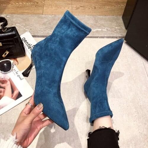 New Pointed-toed High Heels Ankle Boots Suede Slim Stretch Fabric Mid-tube Short Boots Sexy Stiletto High-heeled Martin Boots