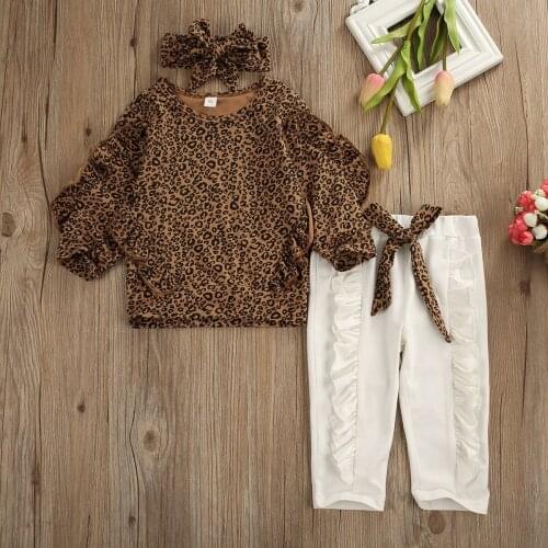 Autumn Kid Baby Girl Clothes Sets 3pcs Ruffle Long Sleeve Leopard Tops Leggings Pants Headband Outfit Set Tracksuit