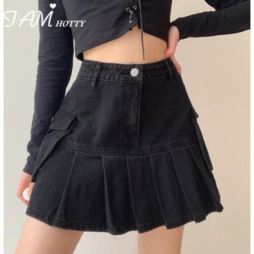 Pockets Patchowrk Pleated Denim Skirt Women Black High-waisted A Line Sexy Short Tennis Girls Jean Skirts Korean Style Iamhotty