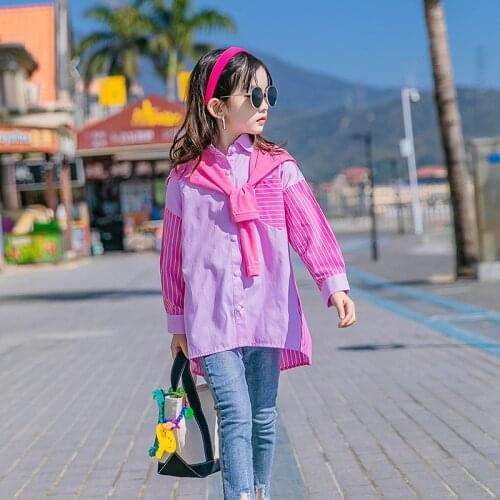 Girls Striped Shirt Long Sleeve Tops 2021 Casual Pink Loose Patchwork Fall Kids Sweet Girls Shirts for Teenage Girls Clothes