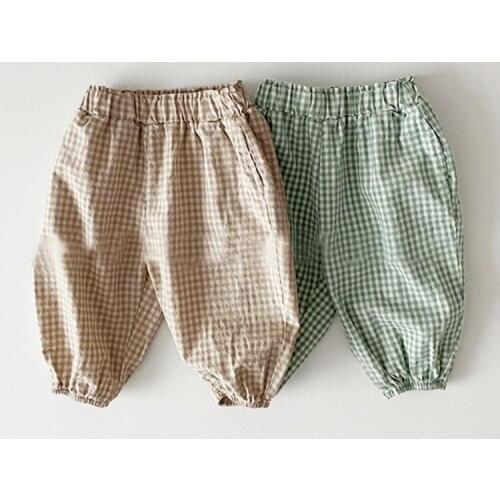 Loose and comfortable boys and girls plaid tie-foot casual nine-point mosquito pants