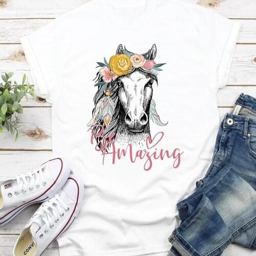 Cartoon Horse Print Ladies T-shirt Summer Ladies Wild Short-Sleeved Harajuku Graphic T-shirt Casual Funny T-shirt