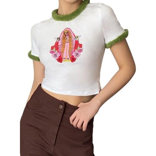 Women Fashion Short Sleeve Print T-shirt Stylish Crop Top for Shopping Daily Wear