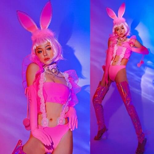 Pink Bunny Suit Women Gogo Dancer Costume Bikini Bar Nightclub Party Sexy Outfits Evening Stage Show DS Clothes Rave Wear BL5025