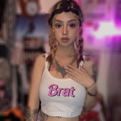 Womens Sexy Crop Top Letter Print Slim Exposed Navel Short Camisole Sleeveless Short Tank Top