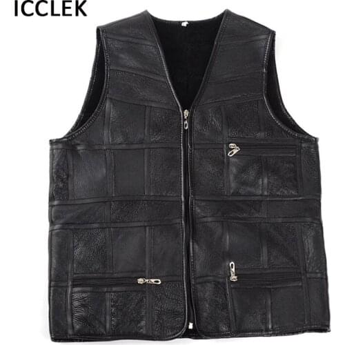 Male Genuine Leather Waistcoat Mens Wool Fur Vest Autumn Winter Real Sheepskin Black Thicked Warm Vest For Dad Plus Size