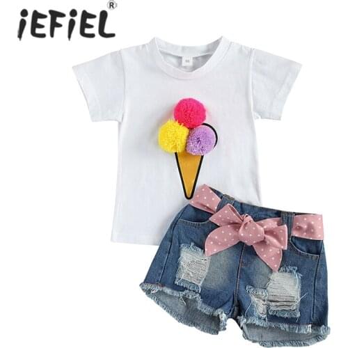 2Pcs Girls Clothing Set Summer 2-6Y Kid Kawaii 3D Ice Cream Pattern Tops Ribbed Denim Shorts Suit Cotton Children Clothes Outfit