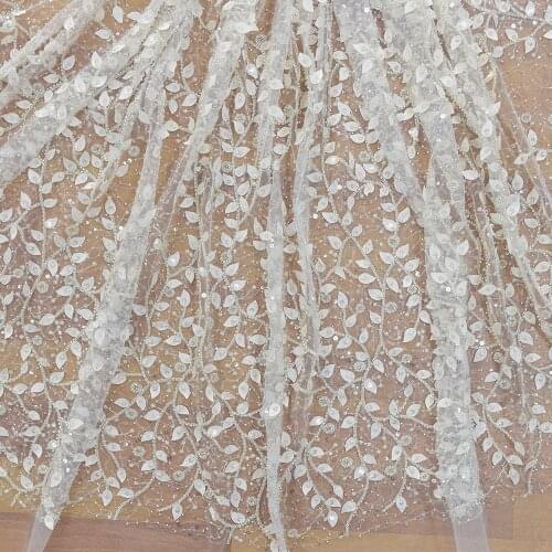 2021 Good Quality White Bridal Beads Embroidery Lace Fabric with Silver Sequins For Wedding Dress HY1289-3