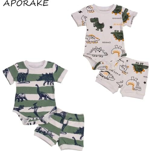 2021 0-18M Infant Boy Clothing Cartoon Dinosaur Print Short Sleeve Romper + Shorts Casual Style Classic Round Neck Summer 2pcs