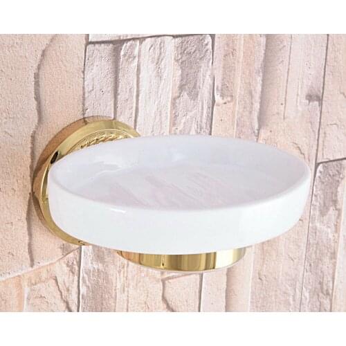 Bathroom Accessory Polished Gold Color Brass Carved Pattern Base Ceramic Dish Wall Mounted Bathroom Soap Dish Holder mba587
