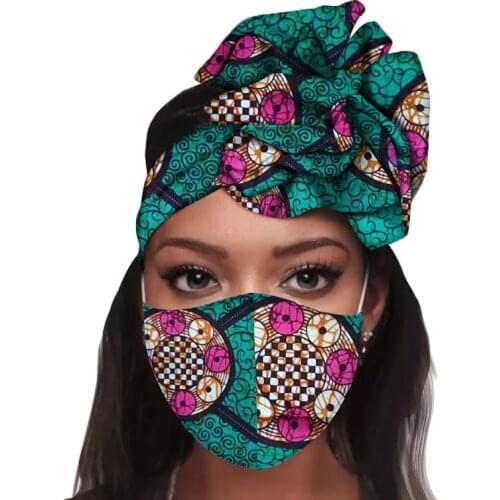 Flower African Print Head Bandana Women Matching Decoration M ask Wax Cotton Head Scarves Bandana Headband Set Hair Accessories