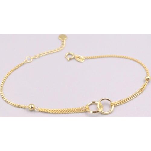 Pure 18K Yellow Gold Bracelet Double Circle Curb Link Chain Adjustable Bracelet Woman Lucky Gift 2.4-2.6g