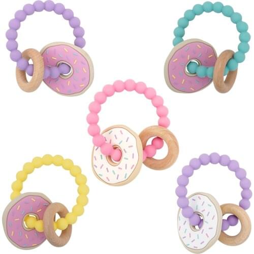 "Dropshipping" Kawaii Carton Elephant Doughnut Silicone Baby Teether Chewing Wooden Ring Toddler Fidget Toys Baby Accoressies