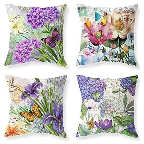 Purple Blue Flowers & Dragonfiy Green Leaves JungleThrow Pillow Cover Cotton Linen Pillow Case Home Cover for Sofa Set of 4