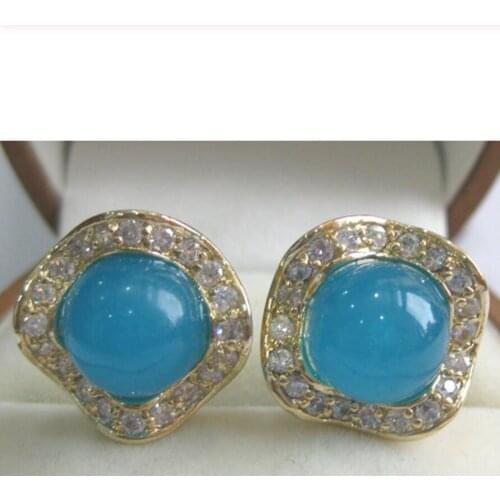 Hot Sell wholesale fashion jewelry pretty 8mm round blue Natural jade & crystal 18kgp earring