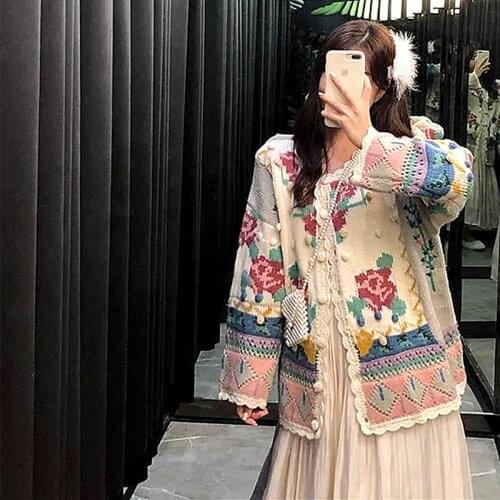 Autumn Spring New Knit Cardigan Loose Knit Sweater Coat Vintage Floral Ball Appliques knitted cardigans Women Jackets SY041
