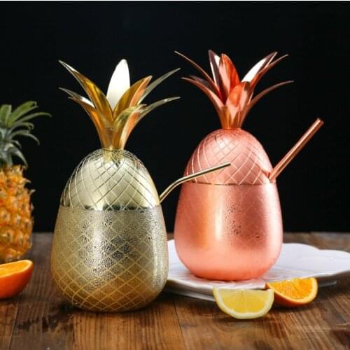 Stainless Steel Pineapple Shape Cocktail Cup Metal Wine Tumbler with Lid Creative Personality Eco Friendly