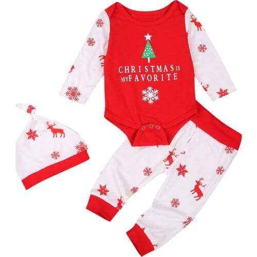 3Pcs Baby Boys Girls Christmas Print Set Long Sleeve O Neck Romper Pants Hats Infant Toddler Autumn Spring Outfits 3-24M