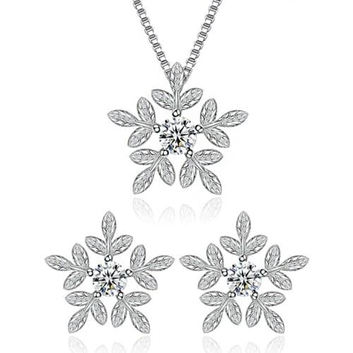 Cute Snowflake Zirconia Pendant Necklaces Stud Earrings Fashion Wedding Party Jewelry Set Valentines Day Gift for Women