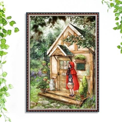 Forest girl red cloak cross stitch kit DMC brand thread animal dog count canvas fabric embroidery handmade needlework craft