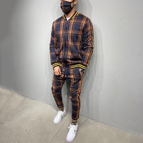 2021 New Autumn Men Tracksuit Sets Striped Plaid Jacket Fashion Casual Suits Undefined Trousers For Men Clothing
