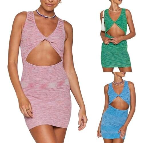 2021 New Sexy Woman Summer Dress Sleeveless Hollow Out Slim Knitting Mini Dresses High Street Ladies One Pieces Clothes