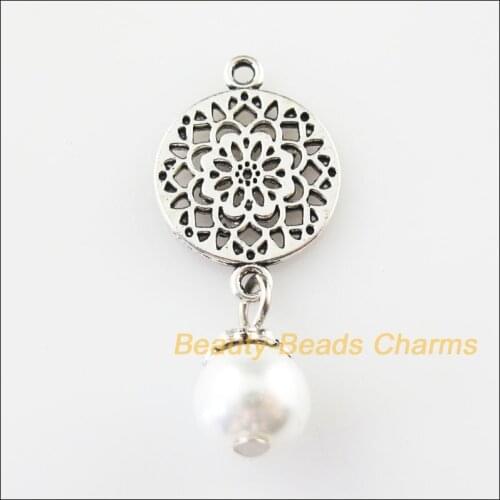New 18Pcs Tibetan Silver Color Round Flower White Glass Beads Charms Pendants 14x32mm
