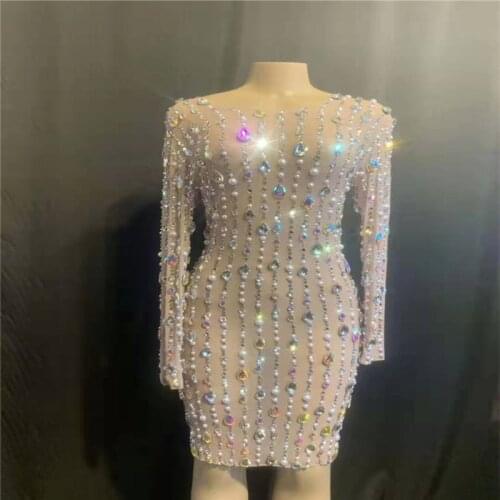 Sexy Women Sparkly Rhinestones See Through Dress Prom Party Outfit Birthday Celebrate Wear Stage Nightclub Costume