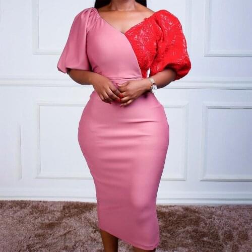 African Elegant Office Ladies Dress Lantern Sleeve Patchwork Bodycon Fashion Evening Night Party Vestidos Mujer Dress Midi New