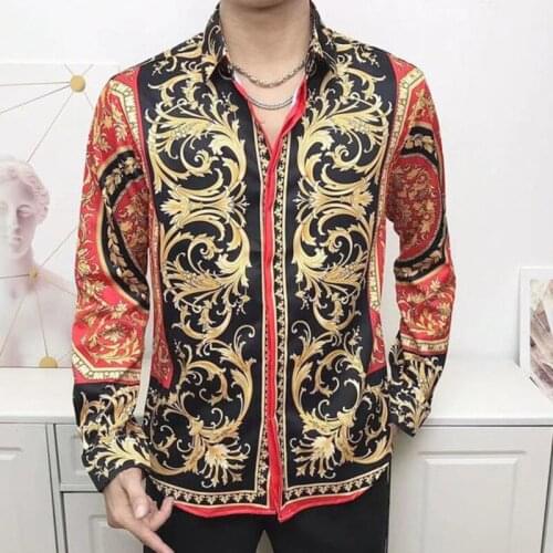 Luxury Black Gold Retro Print Shirt For Men 2021 Spliced Color Baroque Palace Shirt Fashion Long Sleeve Hip Hop Party Stagewear