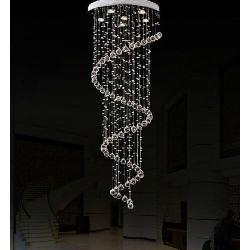 Modern simple style led crystal long chandelier villa double staircase lights rotating living room hotel big hanging lights