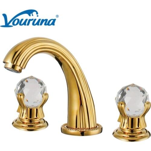 VOURUNA Luxurious 8 Inch Crystal Bathroom Faucet Widespread Basin Vessel Sink Mixer Taps Solid Brass