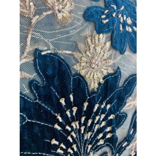 High-quality velvet flowers with handmade bead tulle embroidery, African lace fabric, suitable for high-end ladies skirts