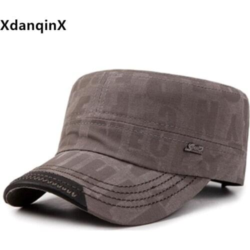 XdanqinX Mens flat cap autumn new cotton hat army military hats solid casual sports caps adjustable size dads hat snapback cap