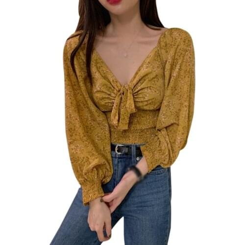 Womens Fashion Floral Print V Neck Blouses Sexy Exposed Navel Chiffon Long Sleeve Shirt Tops