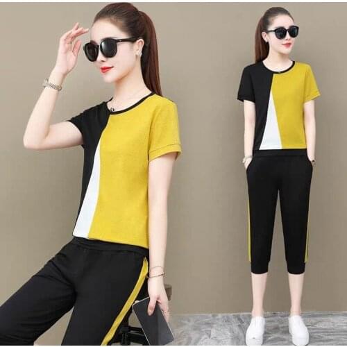 Summer New Women 2 Piece Set Short Sleeved Loose Cropped Pants Fashion Clothes for Women Two Piece Outfits Pink Yellow