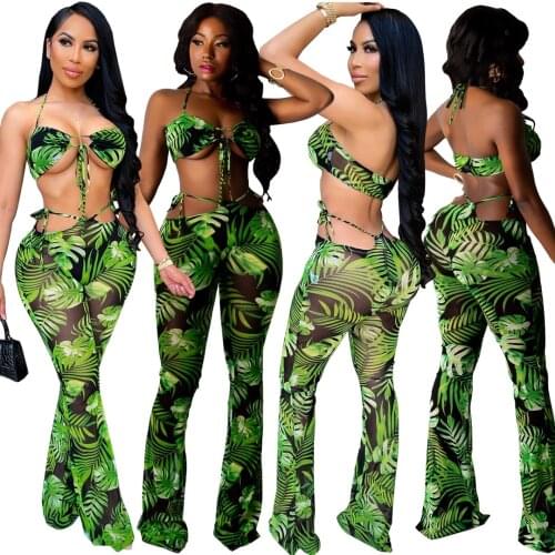 Women Sexy Print Mesh Halter Strapless Crop Top Long Pants 2 Piece set Hollow Out Pencil Pants Casual Romper Club Outfits