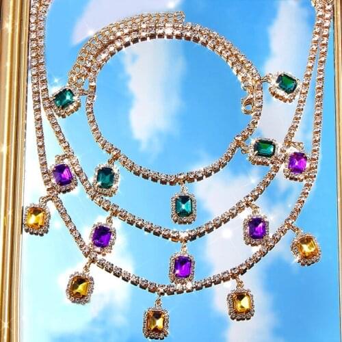 Flatfoosie Bling Rhinestone Chain Choker Necklace For Women Gold Silver Color Square Crystal Pendant Necklace Geometry Jewelry